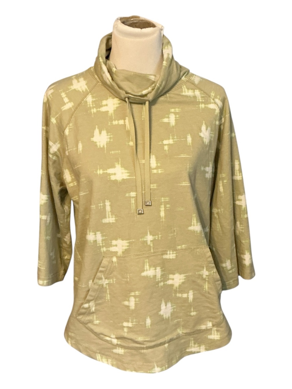 Isaac Mizrahi Olive Green and White Tie-Dye Cowl Neck Hoodie